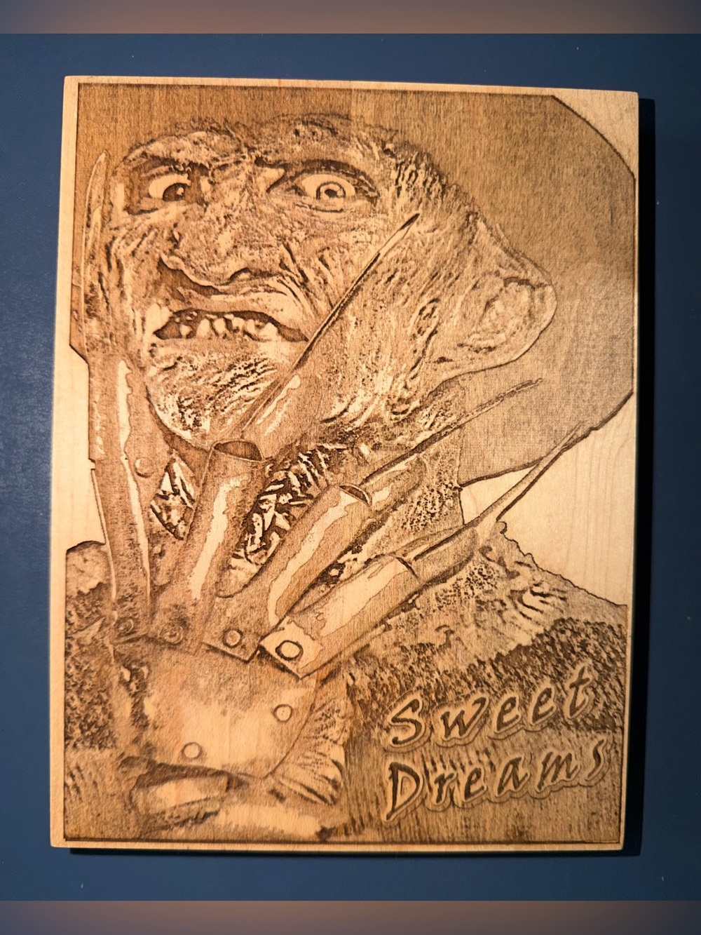 Freddy Krueger Sweet Dreams Wood Wall Art - Brown Laser-Etched Horror Portrait
